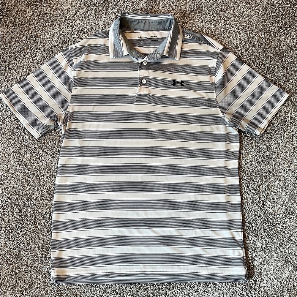Under Armour Men's Polo Shirt in Navy Blue and White Stripes